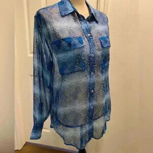 Women's Silk Sheer Blue Snake Print Button Down Pretty Blouse small